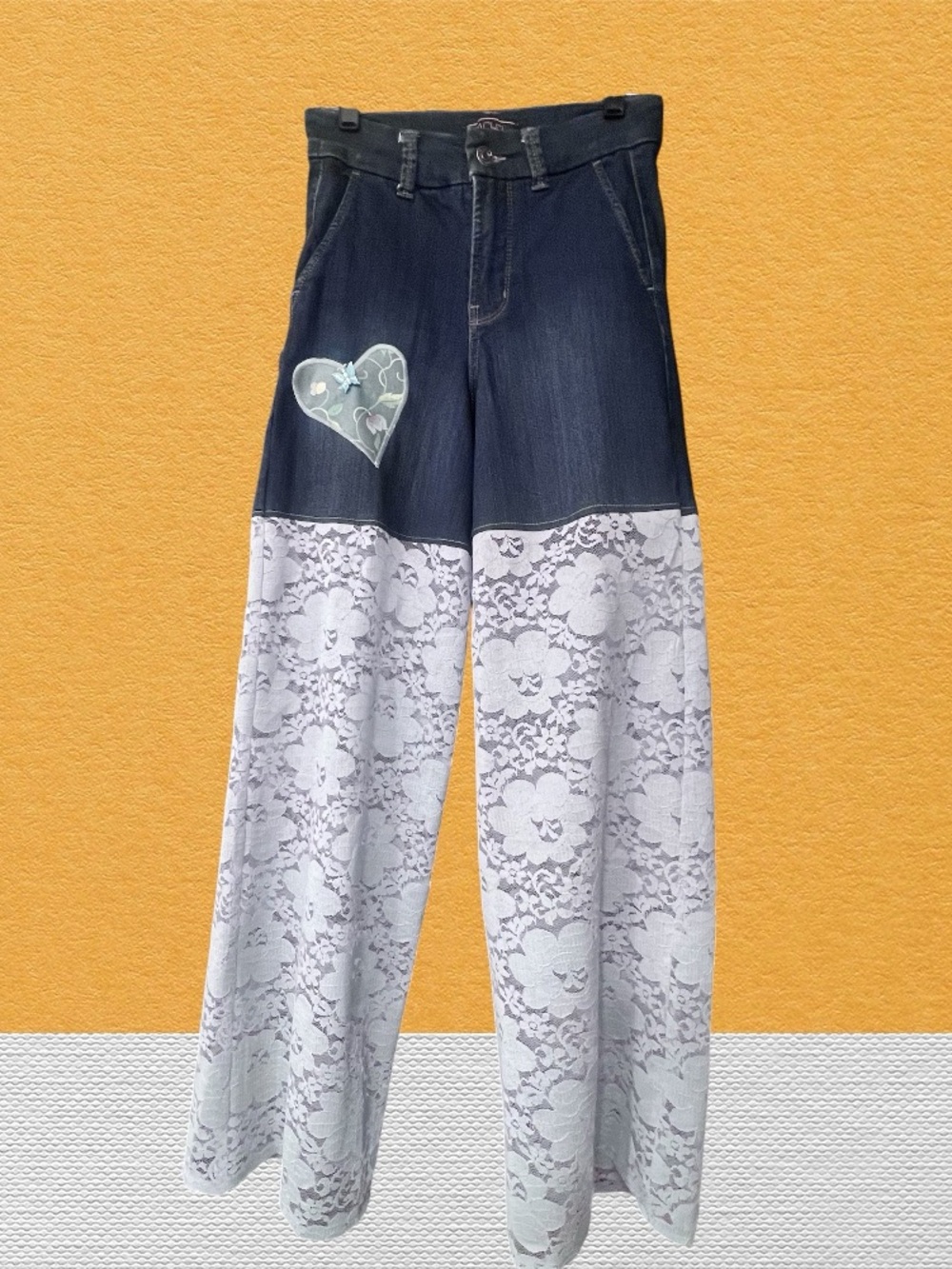 Aloha Refashioned Blue Denim & Blue Lace Wide Leg Jeans